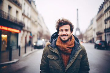 Fototapeta premium Portrait of a young smiling man standing on the city street in Paris