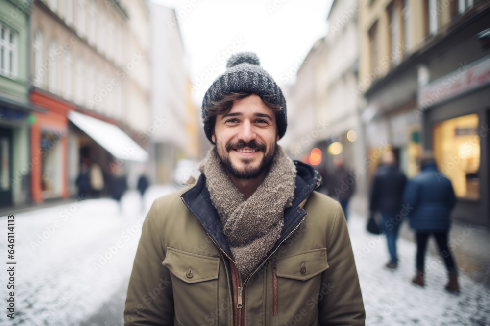 Wall mural portrait of a young smiling man standing on the city street in paris