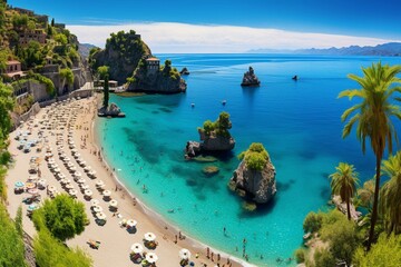 Stunning vertical view of a sunny day at Isola Bella beach in Taormina, Sicily, surrounded by tropical beauty. Generative AI - obrazy, fototapety, plakaty