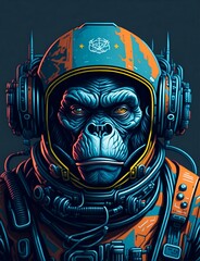 Colourful graffiti illustration of an ape in a space suit, vibrant colour, highly detailed 