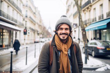 Fototapeta premium Portrait of a young smiling man standing on the city street in Paris