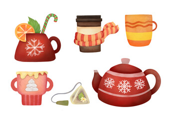 Watercolor clipart collection of Christmas winter hot drinks on transparent background. New Year teapot, mug of cocoa with whipped cream, cup of coffee, ginger tea with orange and mint, teabag