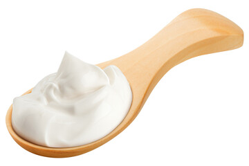 sour cream on wooden spoon, mayonnaise, yogurt, isolated on white background, full depth of field