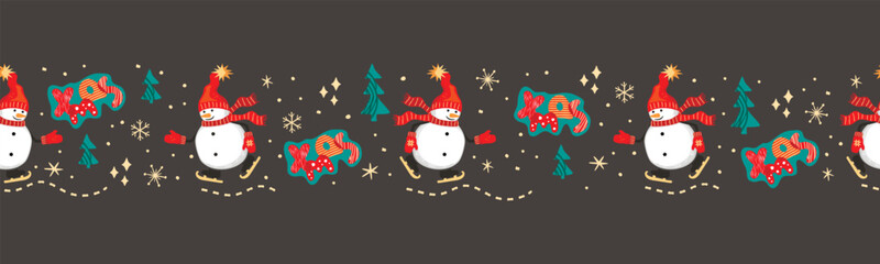Horizontal border with cartoon snowman, fir trees, snowflakes and lettering.Funny character is wearing a hat and scarf and skating.Seamless pattern for printing on fabric and paper.Vector illustration