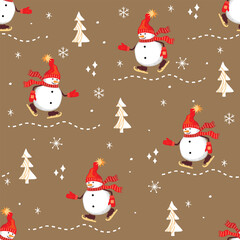 Funny seamless pattern with cartoon skating snowman.Cute character in red hat and scarf,Christmas trees and snowflakes.Colorful background for printing on fabric and paper.Vector illustration on beige