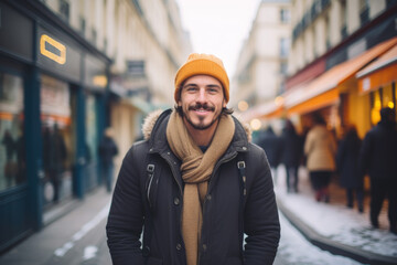 Fototapeta premium Portrait of a young smiling man standing on the city street in Paris