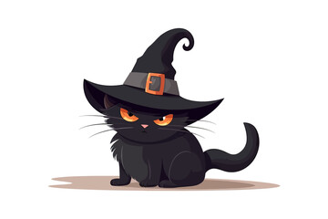 Black cat in witch hat, isolated. Happy Halloween! Autumn, angry cat with orange eyes, spooky october.