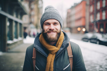 Portrait of a young smiling man standing on the city street in Berlin