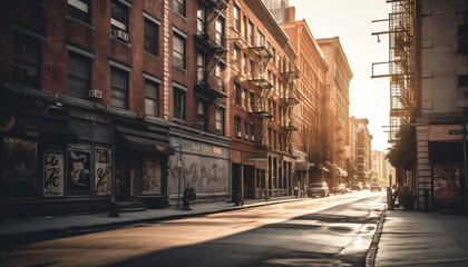 Obraz premium Old fashioned building feature illuminates narrow city street at dusk generated by AI