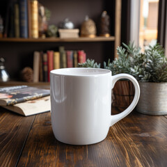 White mug mockup, Blank ceramic mug. Blurred background with a study table and Bookshelf	
