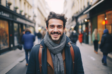 Portrait of a young smiling man standing on the city street in Paris - Powered by Adobe