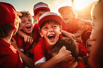 Youth baseball champions revel in victory, embodying teamwork and happiness under coachs guidance. - obrazy, fototapety, plakaty