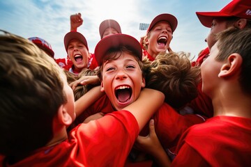 Kids baseball league win brings elation and unity among teammates, marking their achievement. - obrazy, fototapety, plakaty