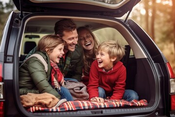 Excited family of four with car, embarks on road trip. People, vacation, travel, journey, vehicle.