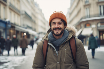 Portrait of a young smiling man standing on the city street in Berlin