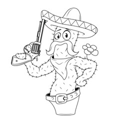 Cactus character with a revolver. Cartoon Mexican Cactus
