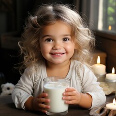 cute blonde girl with blue eyes and curls holds a glass of milk while sitting at a white table in a rustic kitchen. Milk for health. Generative AI