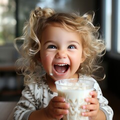 Excited cute blonde girl with blue eyes and curls holds a glass of milk while sitting at a white table in a rustic kitchen. Milk for health. Generative AI