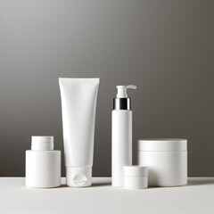 set of cosmetic containers line with white color and copy space makeup, and skin care items	