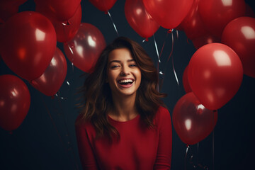 Celebration, festive and lifestyles concept. Studio portrait of happy and smiling woman with colorful balloons in background. Generative AI