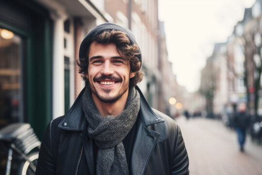 Portrait of a young smiling man standing on the city street in Paris