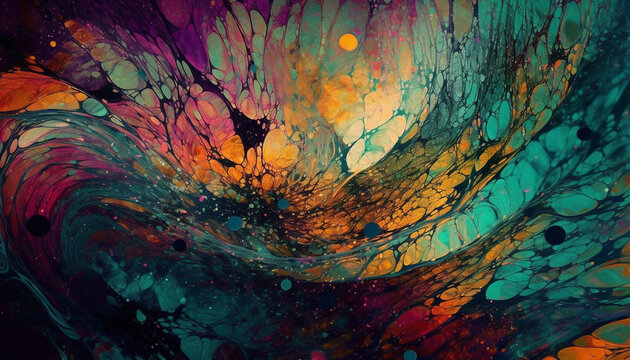 Vibrant colors and chaotic shapes create a futuristic water galaxy generated by AI