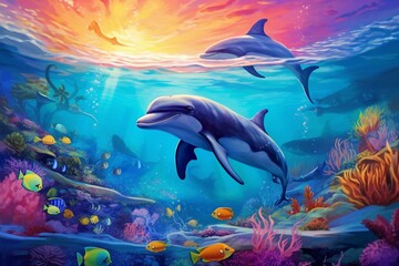 Underwater scene with dolphins and a colorful reef. Generative AI