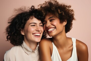 Two close friends of different backgrounds sharing laughter and enjoying a pleasant time together in a studio. 