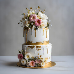 wedding cake standing tall, adorned with delicate white frosting and complemented by intricate gold...
