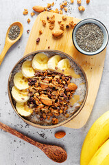 Chia Pudding Bowl with Banana, Granola and Cinnamon, Healthy Breakfast, Vegetarian Food