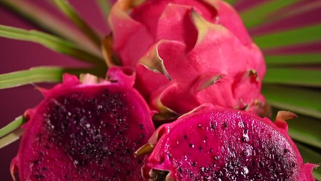 Dragon Fruit, red Pitahaya, Pitaya exotic asian vegan juicy fruits with palm leaf, close up. Rotating over red background. Slow motion