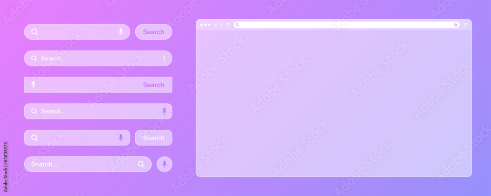 Poster blank transparent internet browser window with various search bar templates. web site engine with se