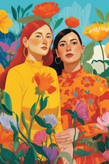 Obraz na płótnie Canvas color block illustration of two young women/models embracing wlw sapphic lgbtq couple with floral/botanical details in hand drawn digital pencil art style texture