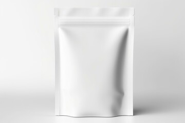 A blank white food packaging pouch on a white background. 3D illustration. Generative AI