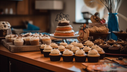 Multi colored cupcakes with ornate decoration, a sweet indulgence for celebration generated by AI