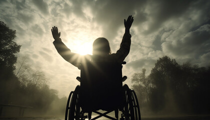 Silhouette of a wheelchair bound man sitting outdoors, back lit by sunlight generated by AI