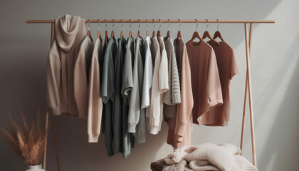Fashionable clothing collection hanging on coathangers in a clean closet generated by AI