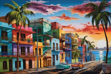 Vibrant artwork depicting a urban scene in the Caribbean with Cuban cultural influence. Generative AI - obrazy, fototapety, plakaty