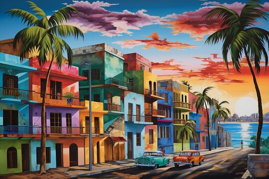 Vibrant artwork depicting a urban scene in the Caribbean with Cuban cultural influence. Generative AI