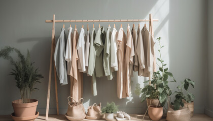 Fashionable clothing collection hanging on modern wood coathangers indoors generated by AI