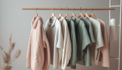 Fashionable clothing collection hanging on modern coat hangers in closet generated by AI