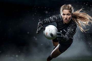 Woman goalkeeper soccer player  super safe in football game on dark background, Generative AI