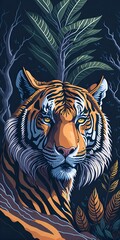 Obraz premium Ultra-detailed portrait of a majestic single tiger in the Jungle with a mountain sunset background