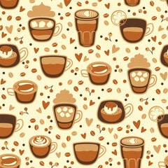 Obraz premium Seamless pattern with different coffee cups. Latte, espresso, cappuccino, affogato, romano. Vector illustration.