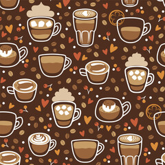 Seamless pattern with different coffee cups. Latte, espresso, cappuccino, affogato, romano. Vector illustration.