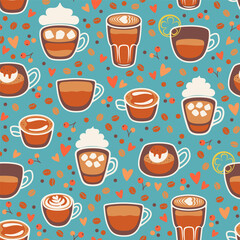 Seamless pattern with different coffee cups. Latte, espresso, cappuccino, affogato, romano. Vector illustration.