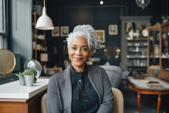 Portrait of a smiling woman with grey hair, small business owner in her furniture store