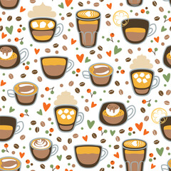 Seamless pattern with different coffee cups. Latte, espresso, cappuccino, affogato, romano. Vector illustration.
