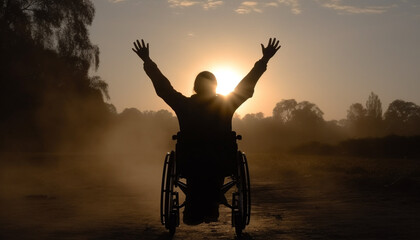 Obraz na płótnie Canvas Sunset silhouette of one person in wheelchair finds freedom outdoors generated by AI