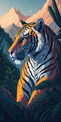 Fototapeta premium Ultra-detailed portrait of a majestic single tiger in the Jungle with a mountain sunset background